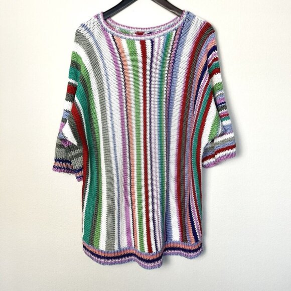 Handmade Hand Knit Sweater Rainbow Colorful Stripe Maximalist Size Large Boho‎ - Picture 1 of 5